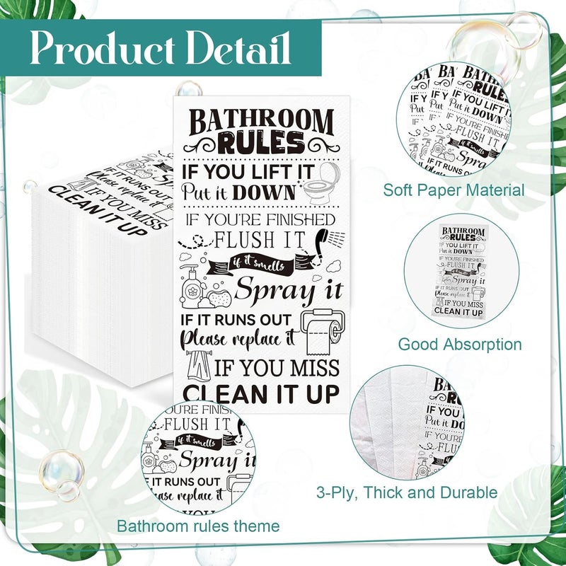 IANFEPH 100 Pcs Bathroom Rules Paper Napkins Disposable Hand Towels for Bathroom 3 Ply Decorative Etiquette Guest Napkins for Powder Room Wedding Birthday Holiday Anniversary, Black White - Image 3